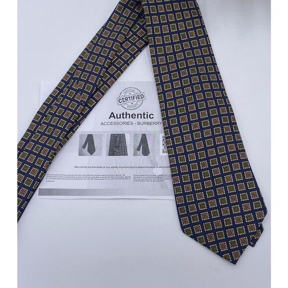 Authenticated Burberrys 100 % Silk Tie Blue Yellow Orange Geometric Fouland - Picture 1 of 12